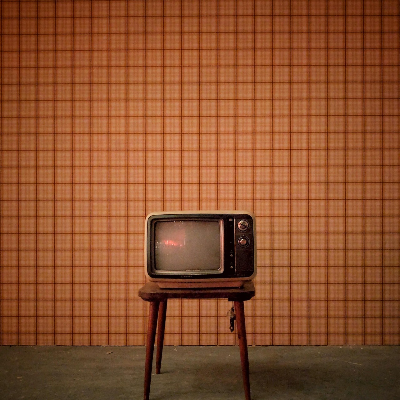 木製の脚がついた古い型のテレビを置いた部屋